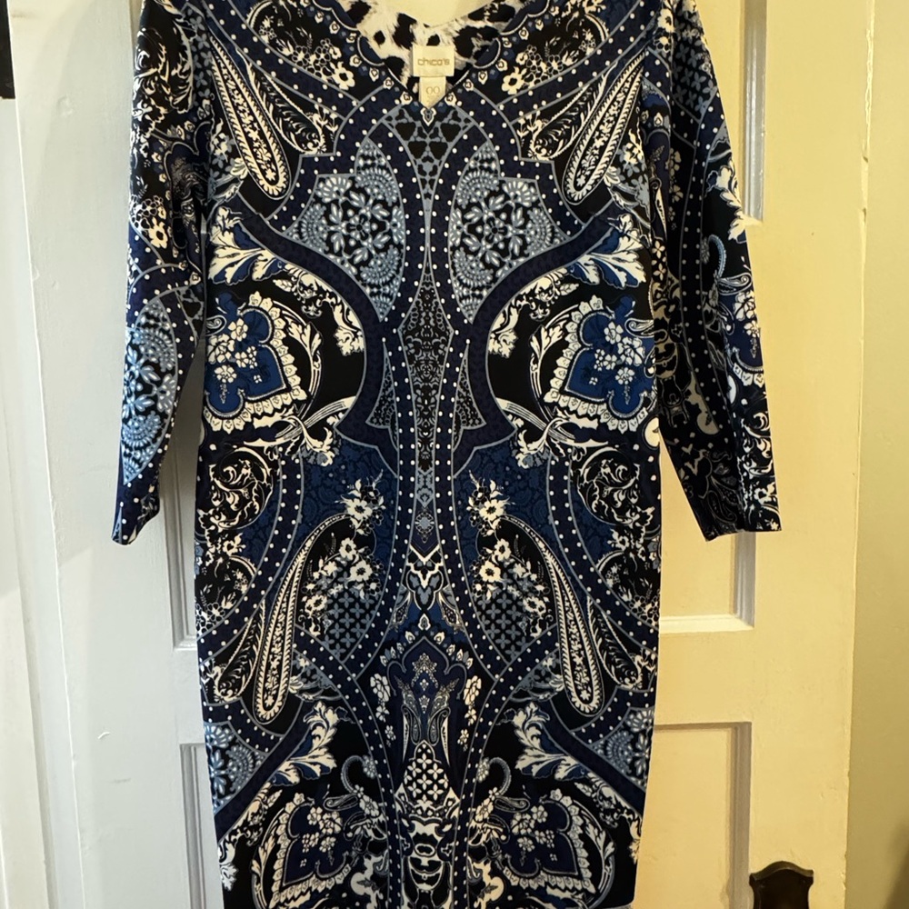 Chico's Blue and Black Sheath Dress with Dolman Sleeves